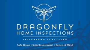 Dragonfly Home Inspections logo. Graphic of a geometric dragonfly as seen from above, surrounded by a circle.